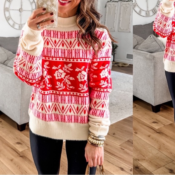 &merci Sweaters - Cream & pinks ski sweater print. Wool blend cozy warm